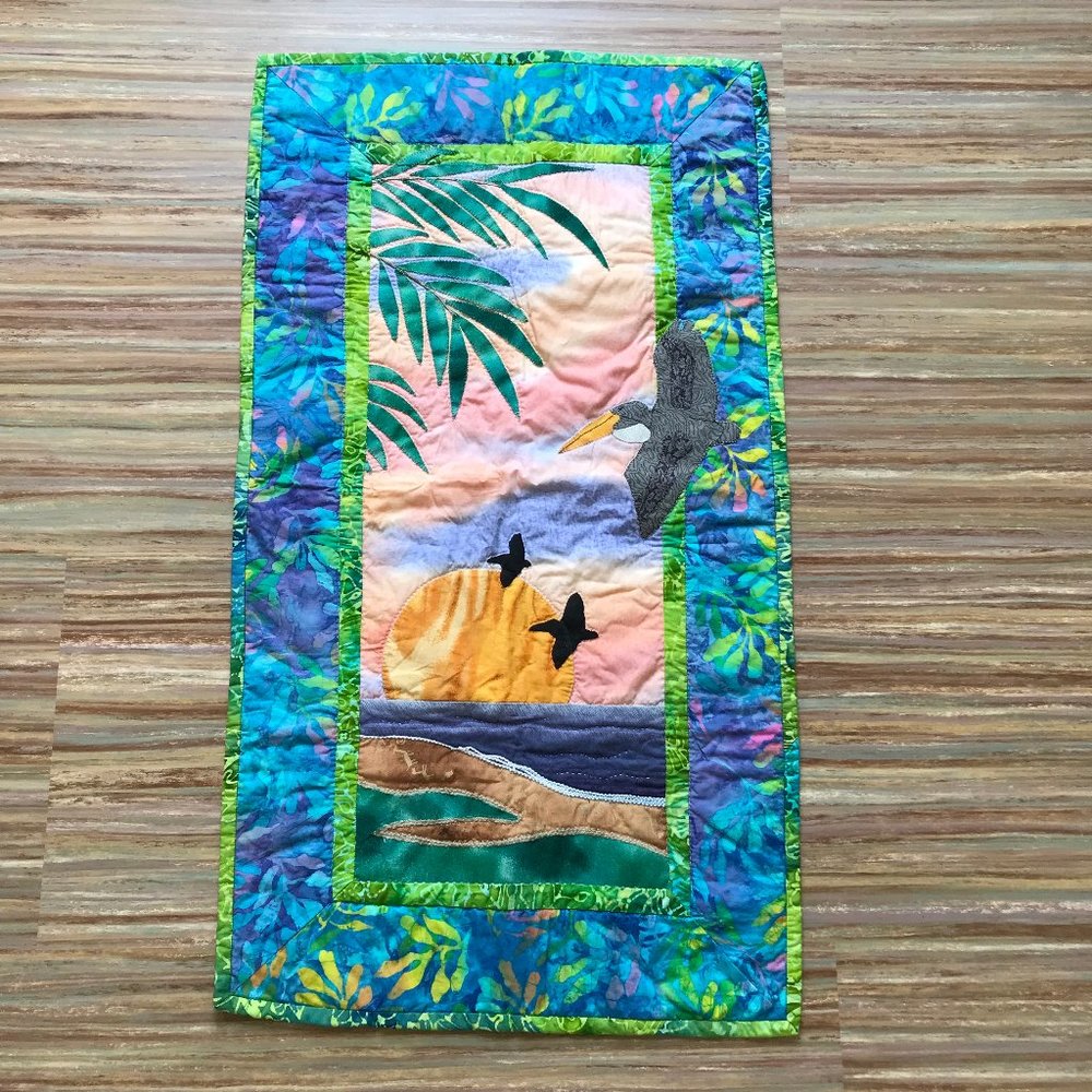 Quilted Applique Ocean Sunset Pelican Bird Wall Hanging Lowdermilk Park Florida